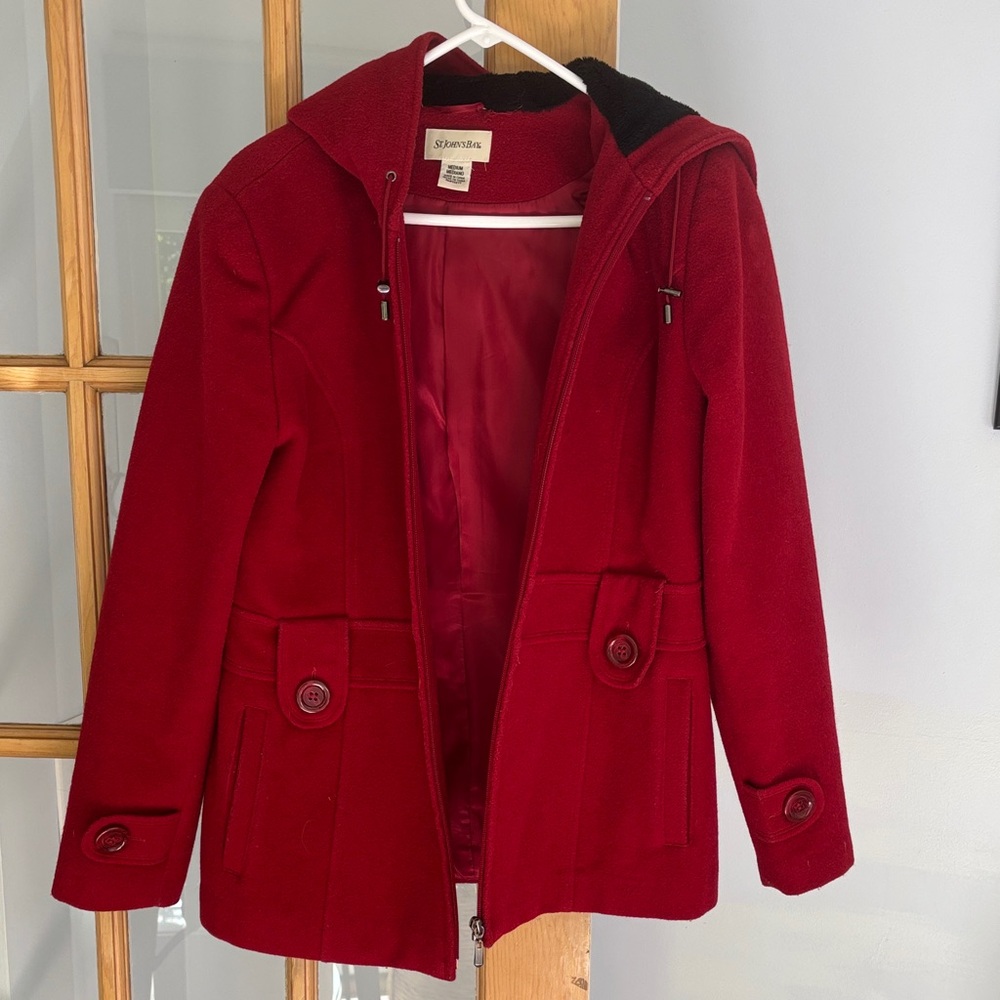 St. John's Bay Red Hooded Coat with Faux Fur Trim